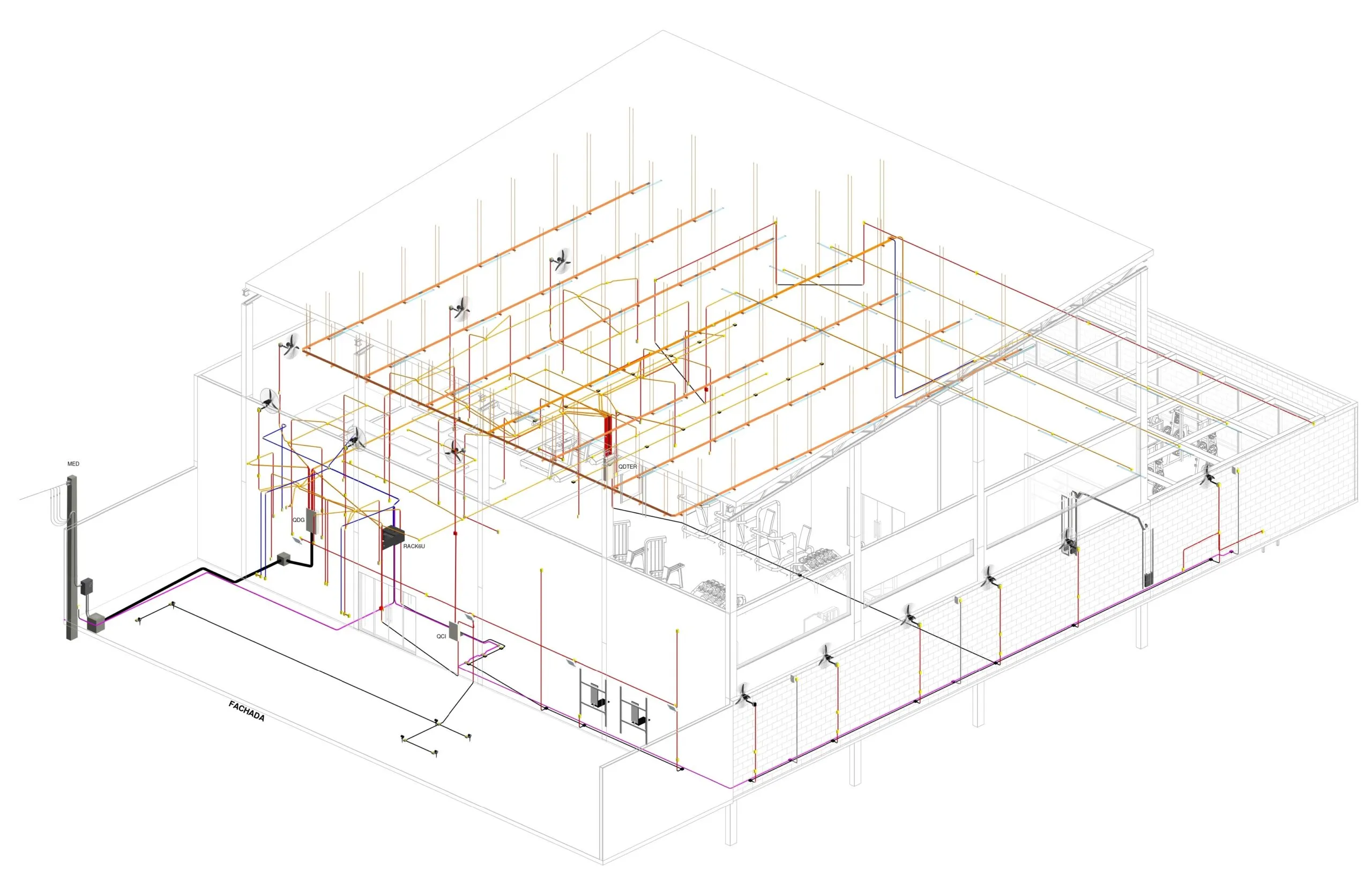 Prancha de projeto elétrico de academia, com planta de força, iluminação e quadro