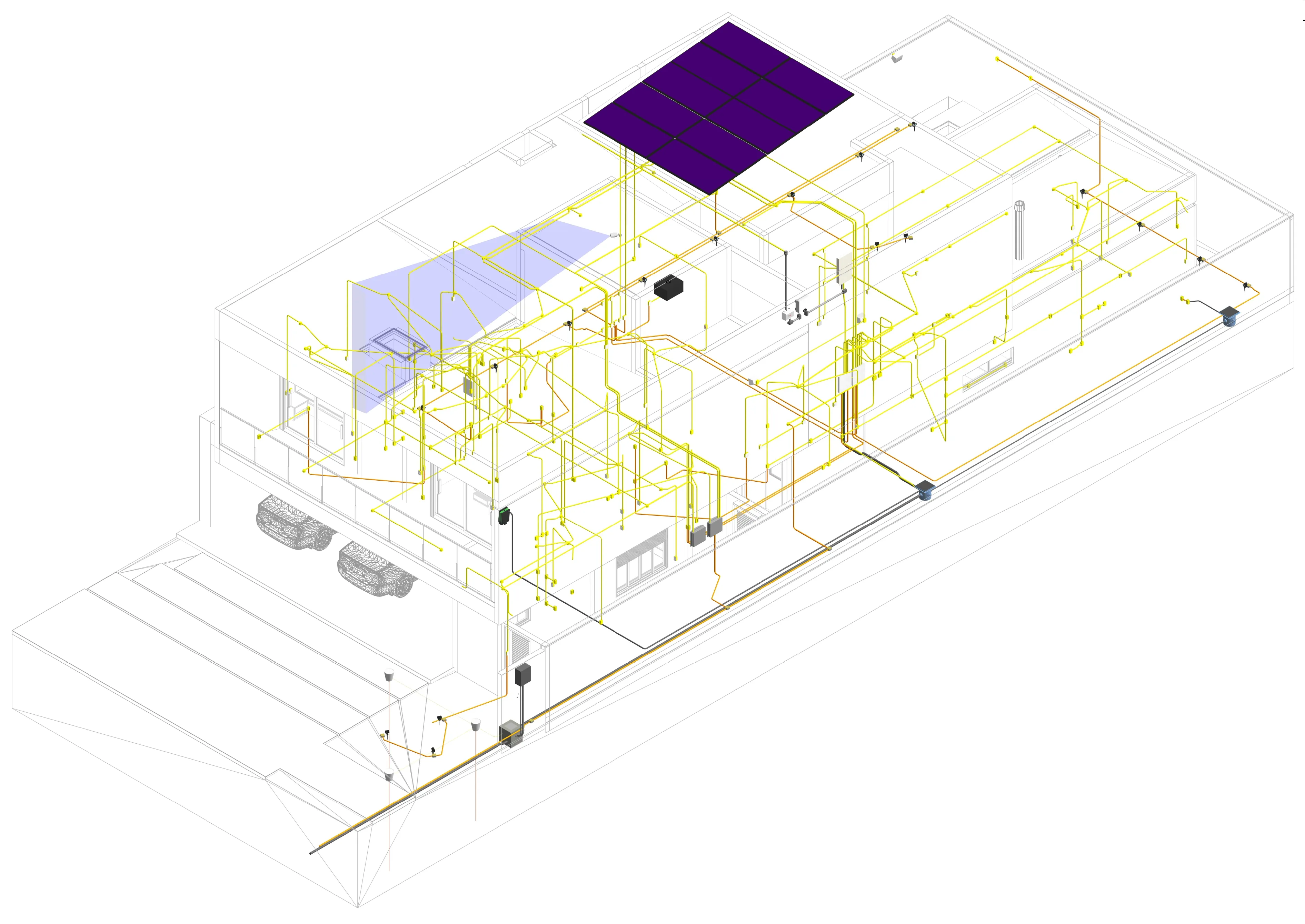 Modelo BIM de instalação elétrica predial em três dimensões, com eletrodutos, caixas e quadro de distribuição